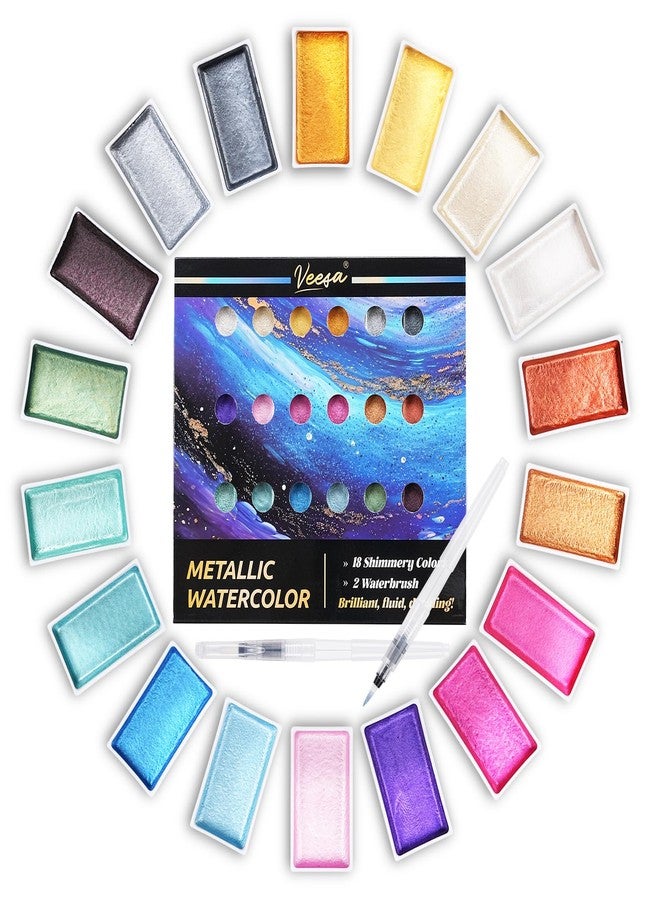 VEESA Metallic Watercolor Paint, Valentines Gifts, 18 Pigment Rich Colors + 2 Waterbrushes, XL Pans, Starry Series Water Color for Professionals Artists & Crafters - Image 1